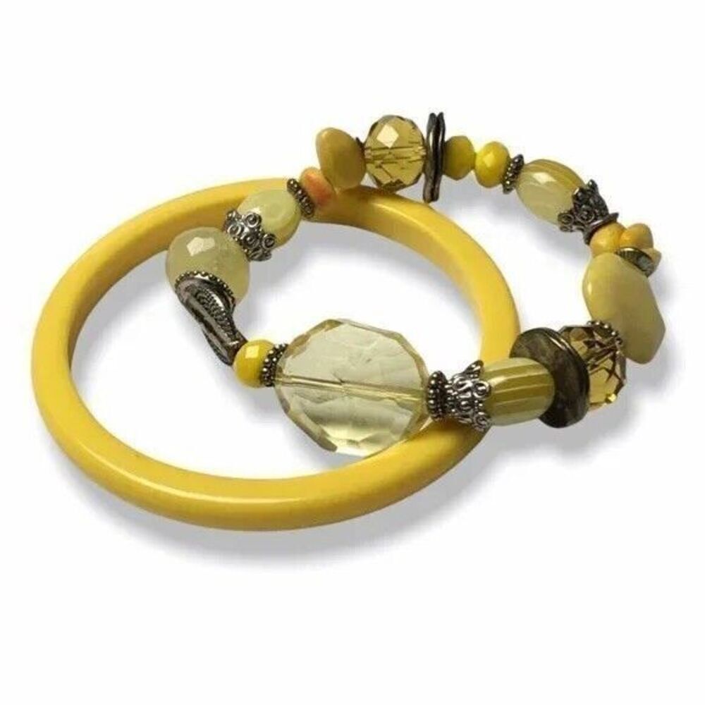 Vintage Bracelets Yellow Resin Bangle Beaded Stretch Bracelet Set Lot of 2